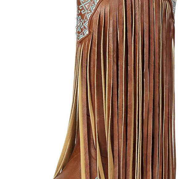 Embroidered Fringe Cowboy Boots Women Western Mid-Calf Snip Toe Chunky Heel